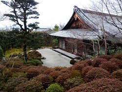 庵から見た本堂と庭、奥に市街地